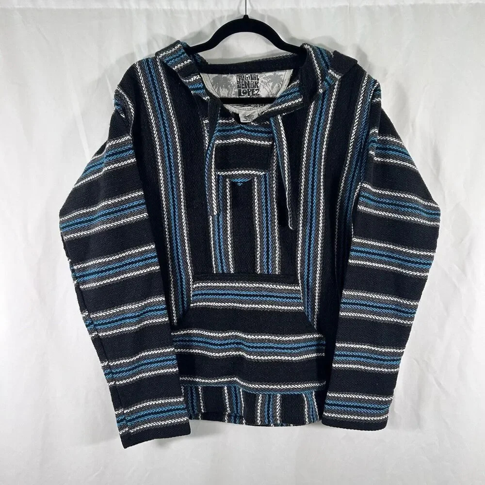 Original Senor Lopez Poncho Mens Medium Black Striped Hooded Drawstring